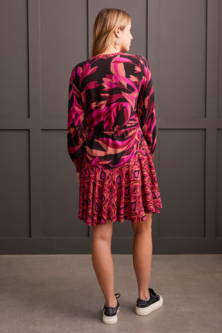 COMBO PRINT CHALLIS DRESS WITH WAIST DRAWCORD-Magenta haze