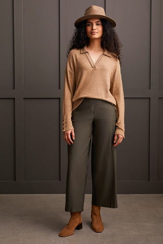 alt view 1 - BRUSHED KNIT COLLARED TOP WITH RIB COMBO-Tan