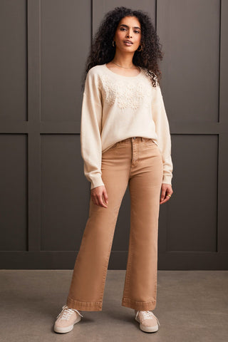 alt view 1 - CREW NECK SWEATER WITH KNIT FLORAL APPLIQUES-Moonstone