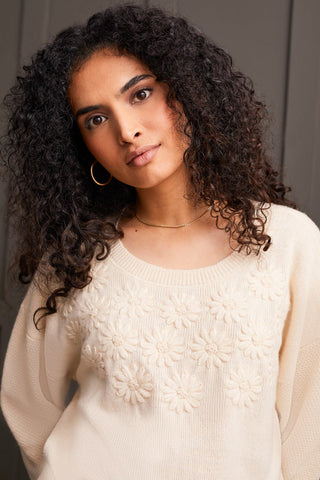 alt view 2 - CREW NECK SWEATER WITH KNIT FLORAL APPLIQUES-Moonstone