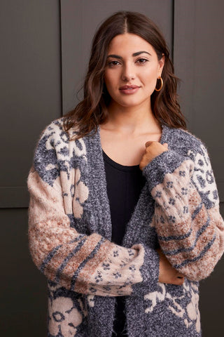 alt view 1 - DOUBLE KNIT JACQUARD SWEATER CARDIGAN-Grey mix