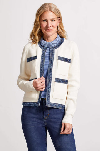 alt view 1 - FANCY DENIM TRIM SWEATER JACKET-Eggshell