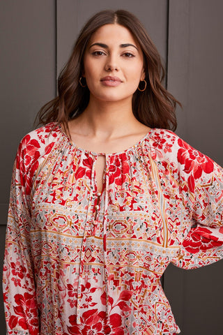 alt view 1 - FLOWY PRINTED CREPE BLOUSE WITH TIES-Scarlet