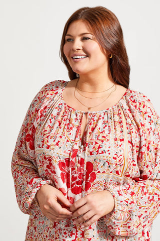 FLOWY PRINTED CREPE BLOUSE WITH TIES-Scarlet