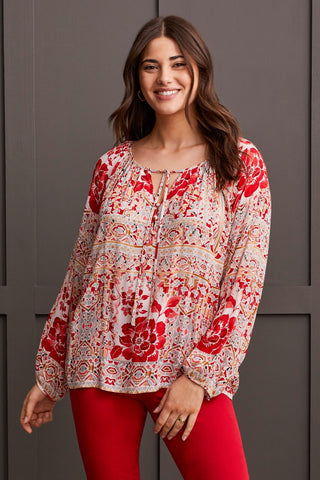 alt view 4 - FLOWY PRINTED CREPE BLOUSE WITH TIES-Scarlet