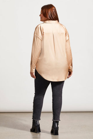 FLOWY SATIN BUTTON-UP SHIRT-Beige