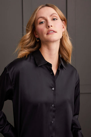 alt view 2 - FLOWY SATIN BUTTON-UP SHIRT-Black