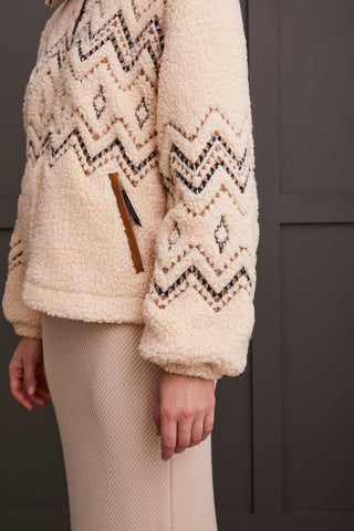 alt view 3 - LINED BOUCLE SHERPA JACKET WITH EMBROIDERY-Latte