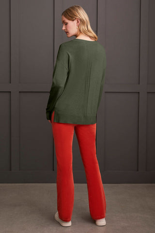 LONG SLEEVE V-NECK SWEATER WITH CABLE KNIT DETAIL-Spinach