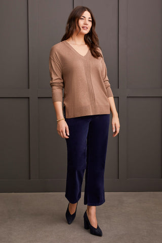 alt view 1 - LONG SLEEVE V-NECK SWEATER WITH CABLE KNIT DETAIL-Mocha