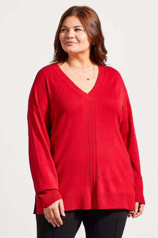 LONG SLEEVE V-NECK SWEATER WITH CABLE KNIT DETAIL-Scarlet