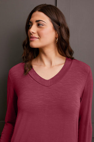 LONG-SLEEVE V-NECK TOP WITH SIDE SLITS-Bordeaux