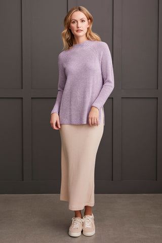 alt view 1 - MOCK NECK HEATHERED KNIT SWEATER WITH SIDE SLITS-Fair orchid