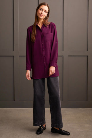 alt view 2 - PEBBLED CREPE ROLL-SLEEVE TUNIC SHIRT-Dark plum