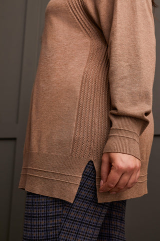 RAGLAN SLEEVE COWL NECK SWEATER WITH FRONT STITCH DETAIL-Mocha